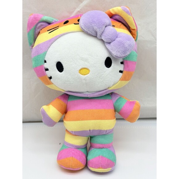 Hello Kitty Pastel Striped Sanrio GUND Plush Toy In Pusheen Cat Rainbow Costume - Picture 11 of 11